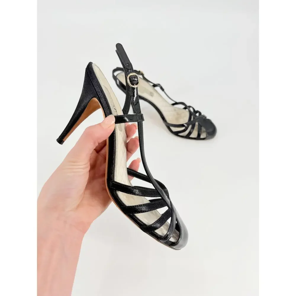 Chanel Black Patent Leather Quilted Insole Slingback Heels Pumps Size 39.5